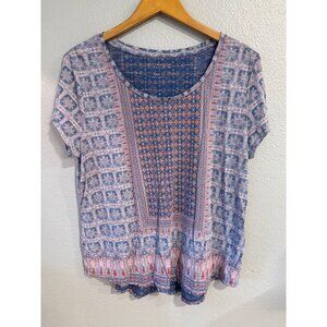 Lucky Brand Women's Boho Style Blue & Red Short Sleeve Printed Top Shirt Size XL
